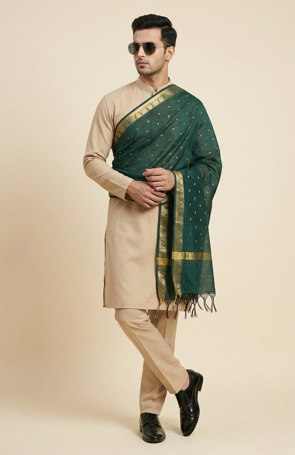Cotton Silk Mens Dupatta – Green with Zari Buta & Border Work
