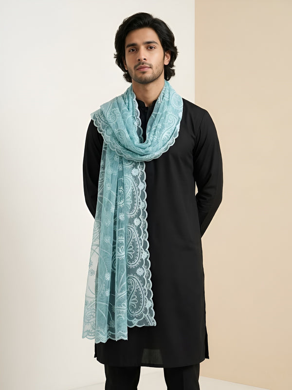 Organza Mens Dupatta – Aqua with Paisley Embroidery & Floral Design
