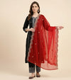 Red Organza Women Dupatta – Scalloped Cutwork Border with Buti Work