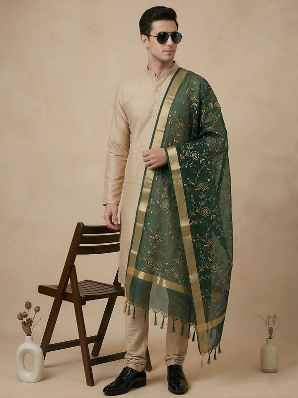 Organza Meena Jaal Mens Dupatta – Green with Gold Woven Design