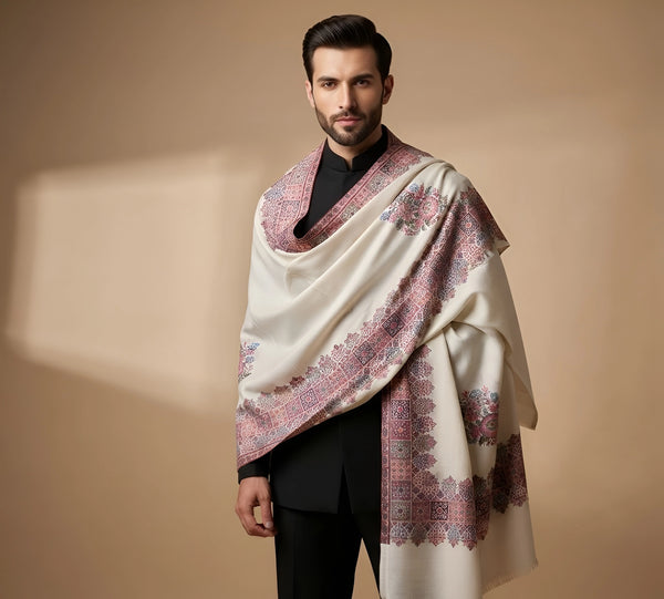 Mir-e-Khas Men's Kashmir-Inspired Kingri Jacquard Woven White Shawl with Floral Border