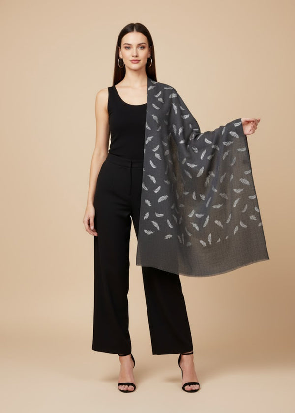Micro Wool Black Feather Motif Women Stole | Soft Wrap with Subtle Woven Accents (80 × 28 Inches)