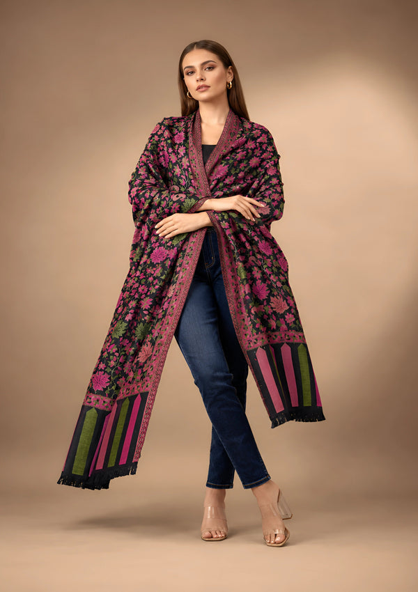 Regal Kani Weave Floral Wool Blend Black Stole | Kashmiri Inspired