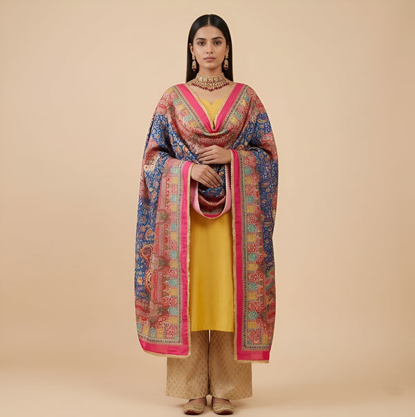 Chinon Floral Mirror Work Women Multicolor Dupatta with Designer Printed Panels & Lace Border