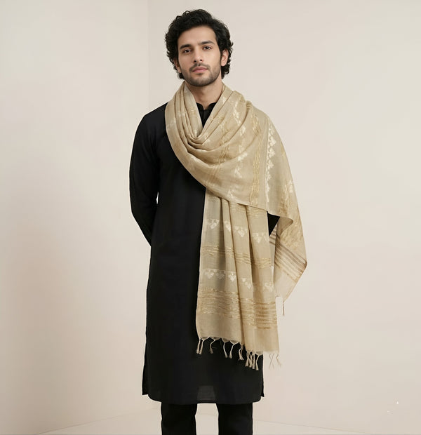 Cotton Cut Work Mens Dupatta – Beige Gold Tone with Woven Design