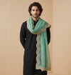 Green Organza Mens Dupatta – Scalloped Cutwork Border with Buti Work