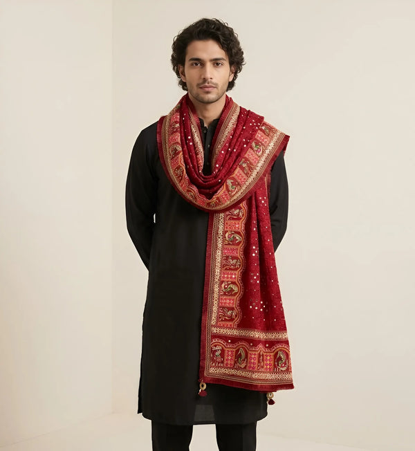 Heritage Kutch & Phulkari Heritage Art Mirror Work Embroidered Maroon Mens Dupatta with Ornate Border