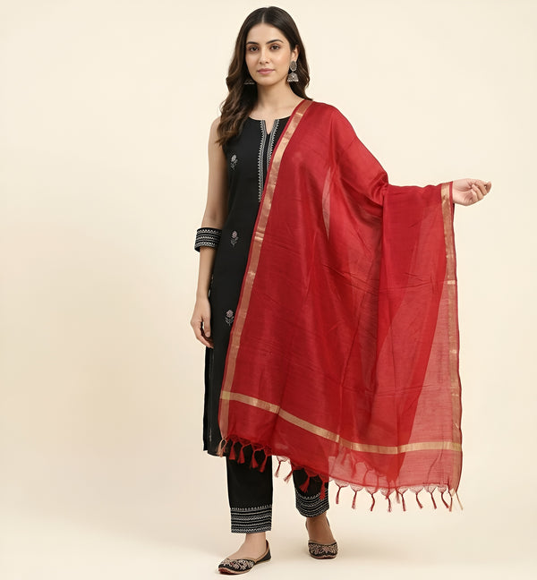 Maroon Cotton Dupatta with Golden Border | Lightweight Ethnic Wrap