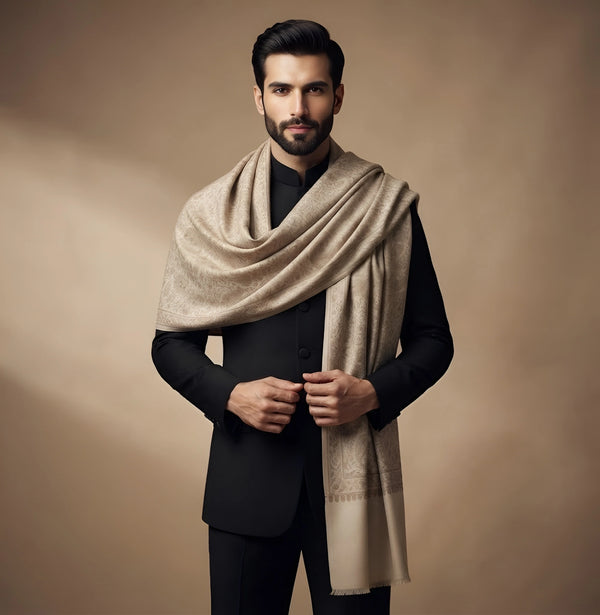 Mir-e-Khas Kashmiri Sozni Jaal Beige Shawl for Men – Wool Blend