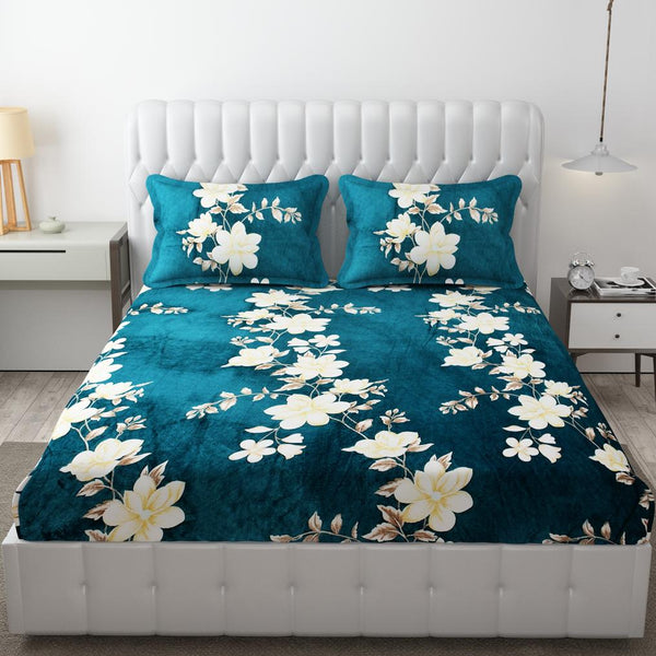 Premium Winter Flannel Bedsheet | 300 GSM | Teal Floral Design | 90×100 inches Bedsheet My Store 