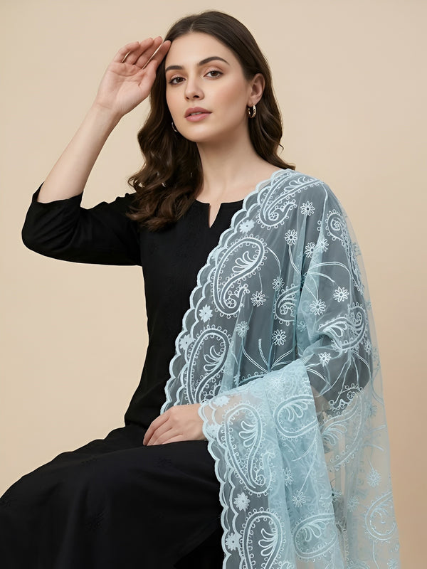 Aqua Organza Embroidered Dupatta for Women with Paisley & Floral