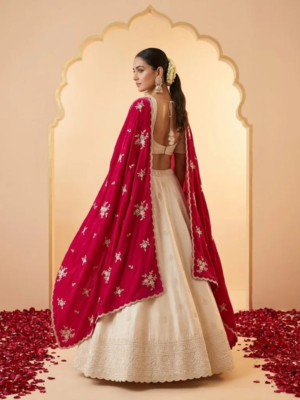 Luxe Chinon Womens Pink Dupatta with Floral Diamond Work & Lace Border