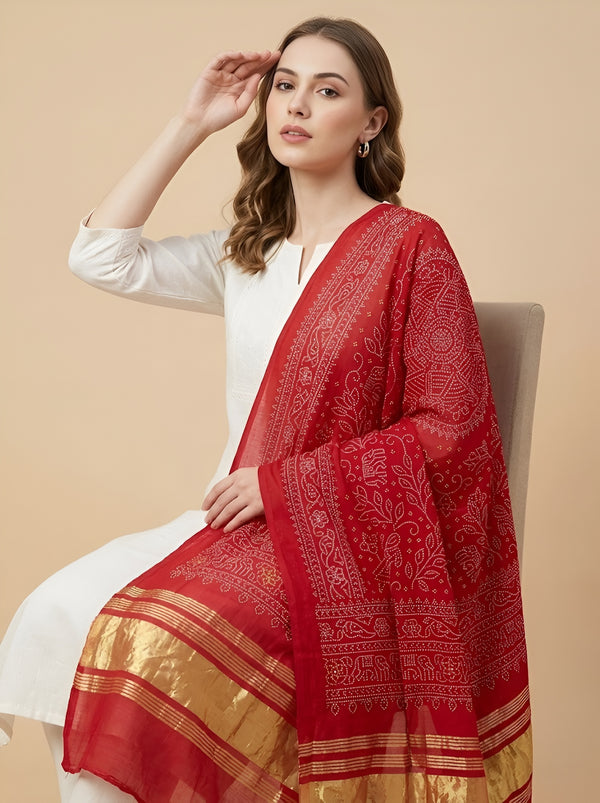 Bamboo Silk Bandhani Inspired Gajji Women Red Dupatta with Elephant & Floral Motifs and Golden Tape Border