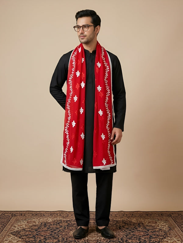 Red Nazneen Chiffon Mens Dupatta with Floral Embroidery & Border