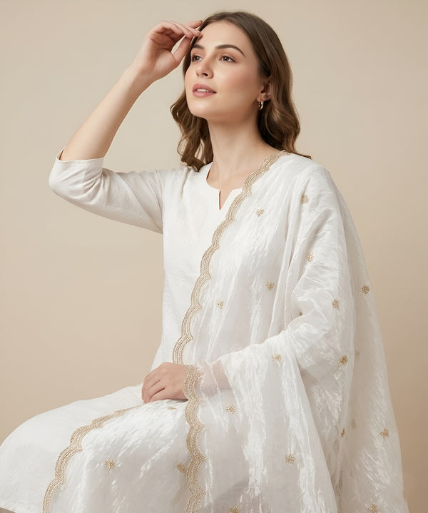 Designer Twill Net Women White Dupatta with 2 Side Scalloped Border & Buti Embellishment