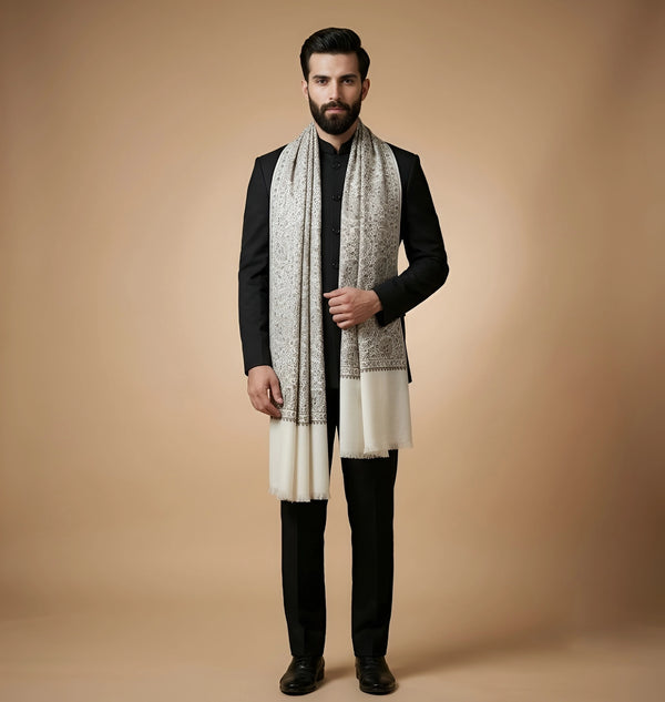 Mir-e-Khas Kashmiri Sozni Jaal White Shawl for Men – Wool Blend