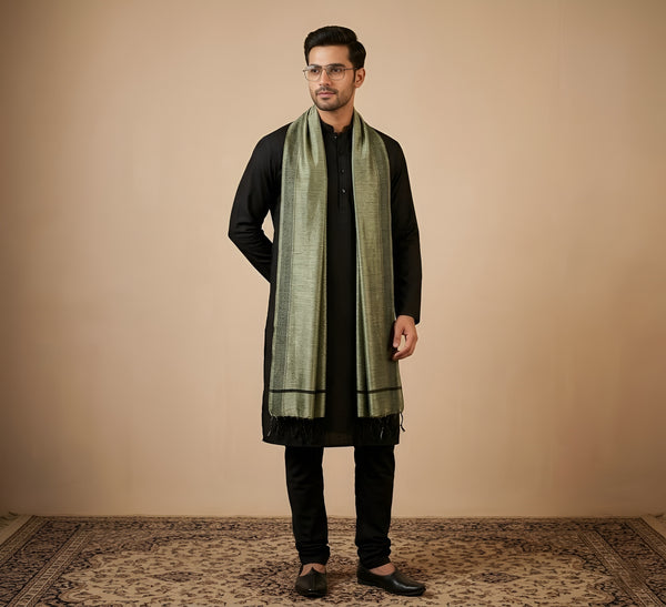 Khadi Cotton Mens Dupatta – Dusty Bottle Green with Textured Weave
