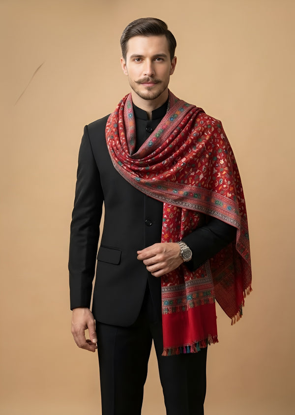 Reserve Mens All-Over Kalamkari Floral Print Bamboo Silk Red Stole