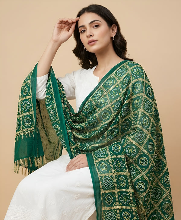 Chinon Bandhani Print Crush Women Green Dupatta with Traditional Motif Grid Design & Tassel Detailing