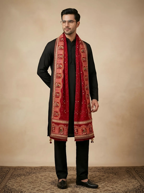 Heritage Kutch & Phulkari Heritage Art Mirror Work Embroidered Maroon Mens Dupatta with Ornate Border