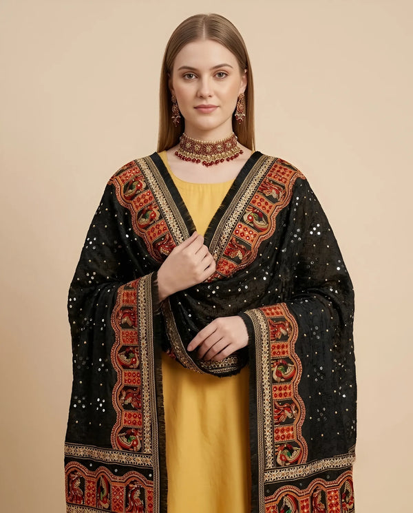 Luxe Chinon Kutch & Phulkari Heritage Art Mirror Work Embroidered Black Dupatta with Ornate Border