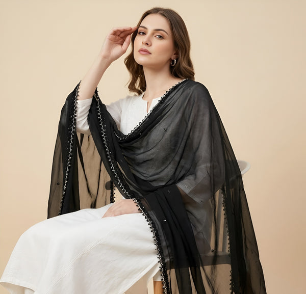 Black Nazneen Chiffon Dupatta with Lace Border | Solid Lightweight Wrap