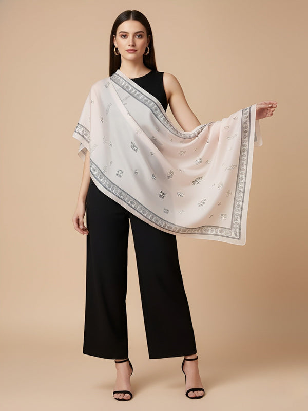 Printed Silk Women Stole with Artistic Motif Design | Elegant Lightweight Wrap (80 × 28 Inches)