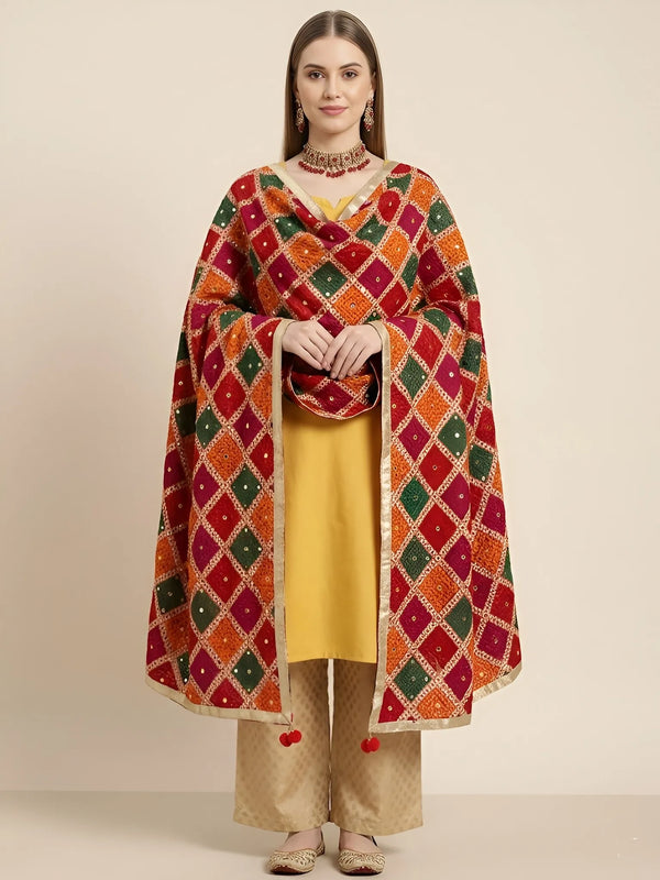 Luxe Chinon Women Phulkari Multicolor Dupatta with Mirror Detailing, Tape Border & Latkan Tassels