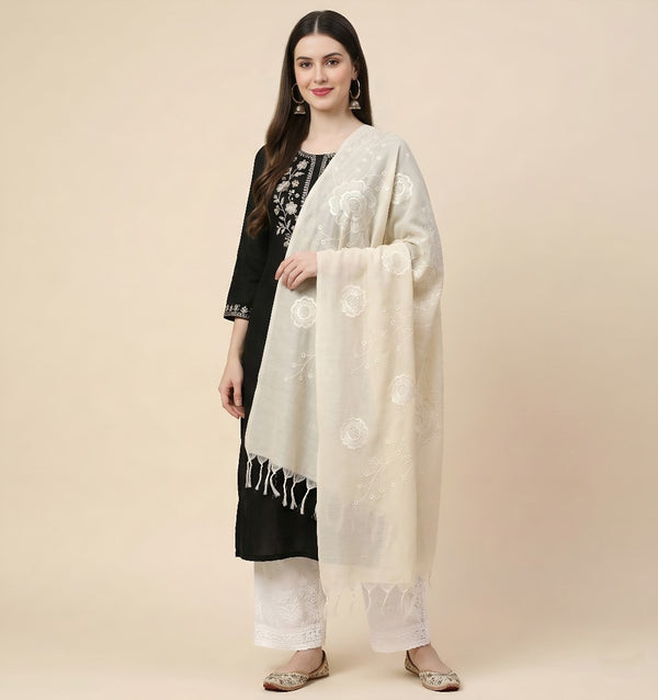 Off White Cotton Embroidered Dupatta | Summer Edit Lightweight Ethnic Essential
