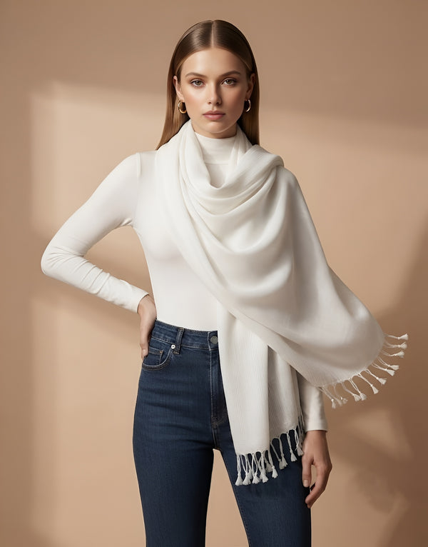 Everyday Solid Textured Viscose White Women's Stole | Lightweight Wrap