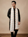 White Nazneen Chiffon Mens Dupatta with Multicolor Stripes & Pom Pom