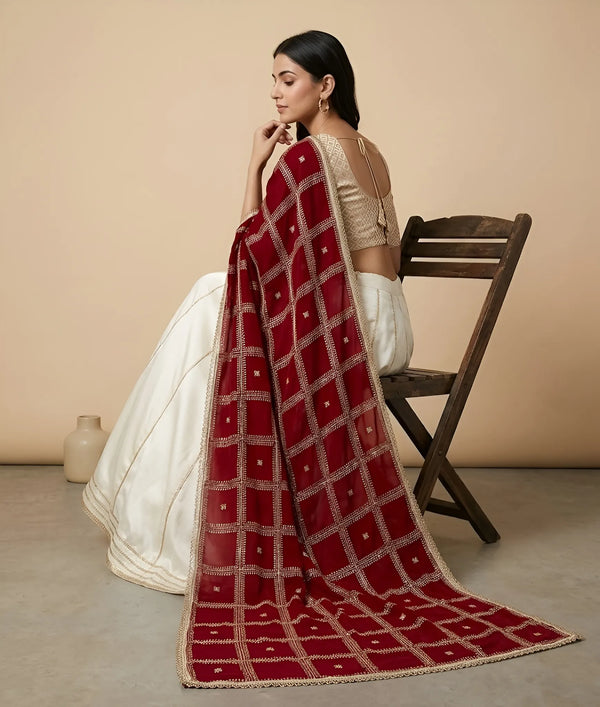 Maroon Chinon Dupatta with Gold Grid Embellishment (Size: 2.5x1 m Approx)