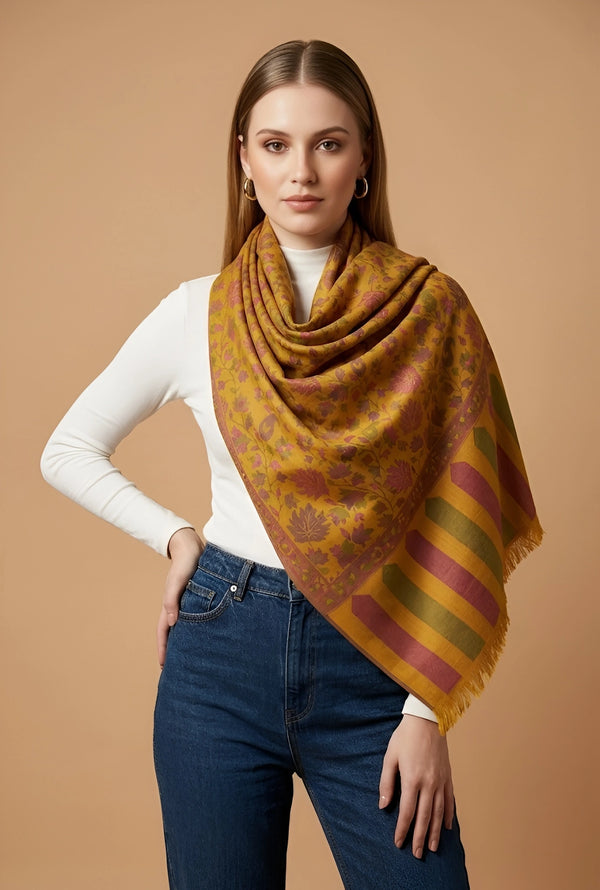Regal Kani Weave Floral Wool Blend Yellow Stole | Kashmiri Inspired