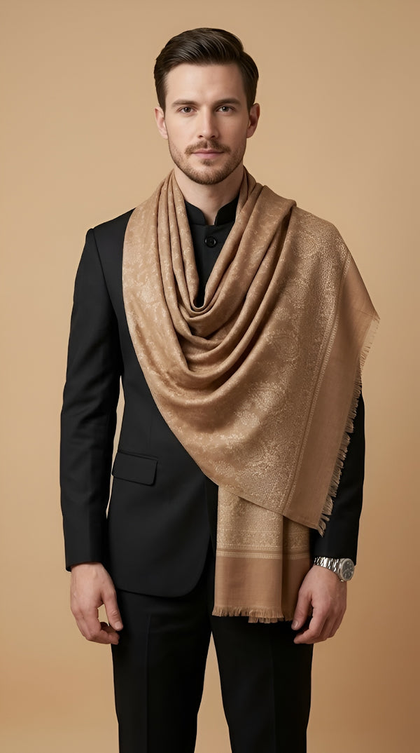 Timeless Mens Wool Blend All-Over Zari Jacquard Floral Trellis Brown Stole