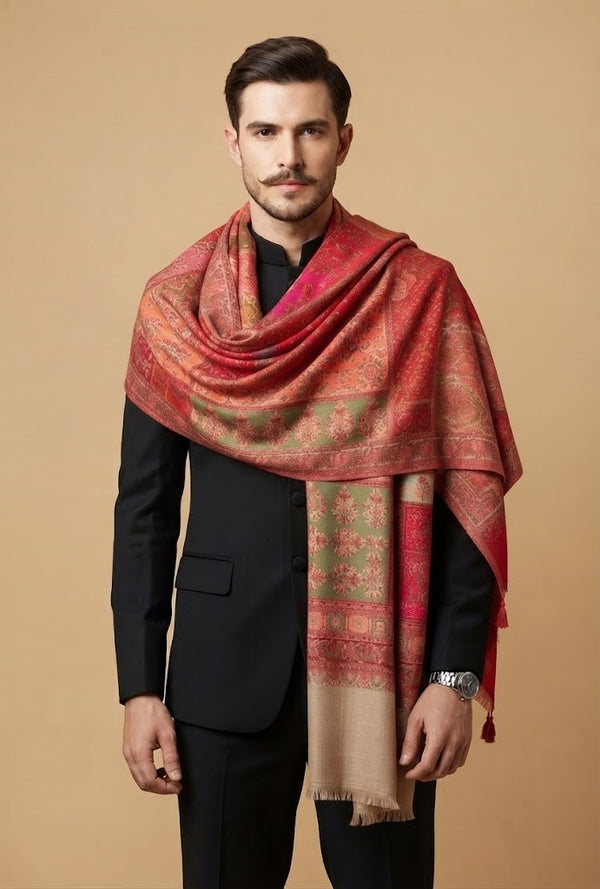 Noble Mens Patchwork Kani Jacquard Woven Beige Stole