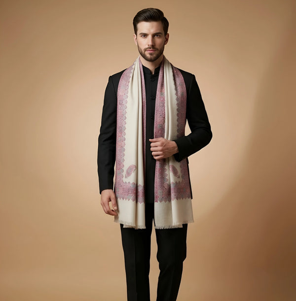 Mir-e-Khas Men's Kashmir-Inspired Kani Paisley & Geometric Border Wool Blend White Shawl