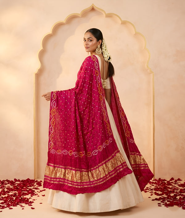 Luxurious Gajji Silk Pink Dupatta with Bandhani Dots & Zari Border