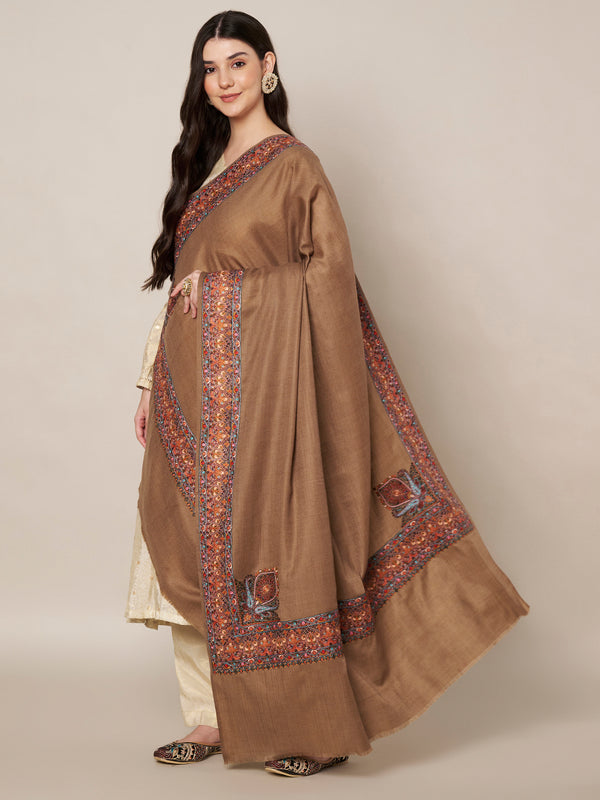 Woolen Women Shawl in Brown with Multicolour Kashmiri-Inspired Embroidered Border (80 x 40 Inches)