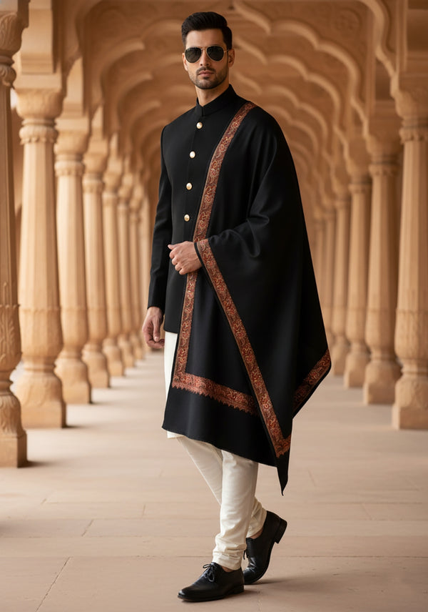 Classic Woolen Mens Shawl with Embroidered Border in Rich Black (80 x 40 Inches)