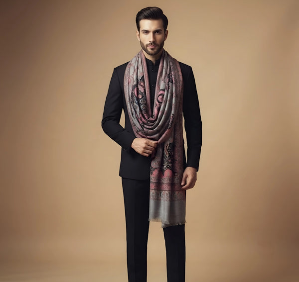 Mir-e-Khas Men's Kashmir-Inspired Paisley Jacquard Grey Shawl with Kani Floral Border