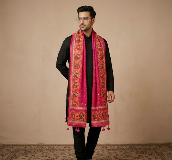 Heritage Kutch & Phulkari Heritage Art Mirror Work Embroidered Maroon Mens Dupatta with Ornate Border