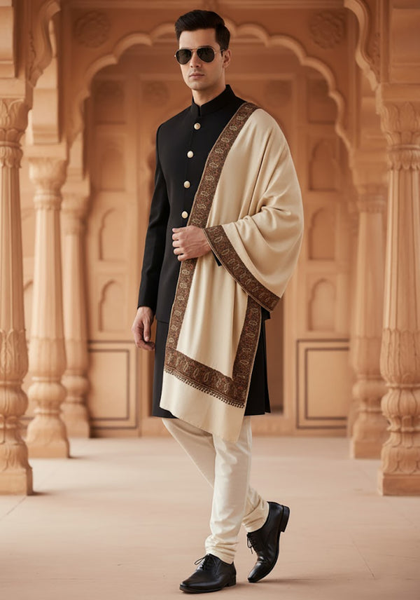 Woolen Mens Shawl in Light Brown with Heritage-Inspired Embroidered Border (80 x 40 Inches)
