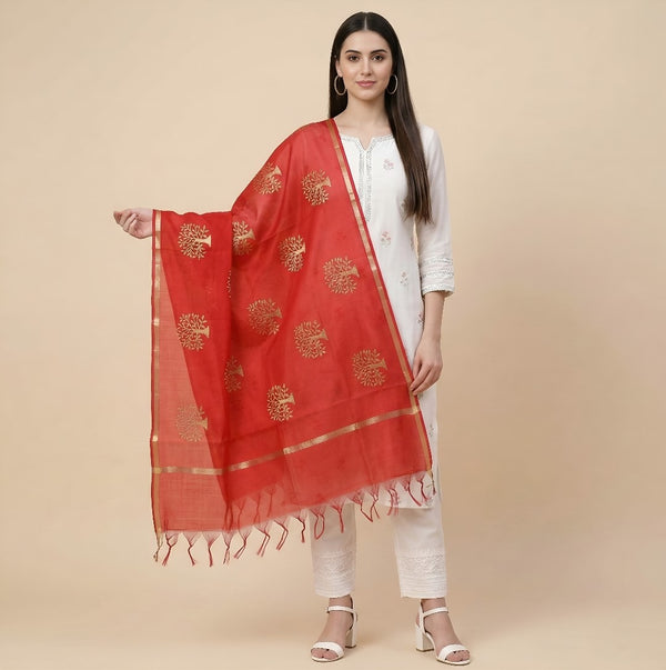 Elegant Red Cotton Zari Buta Dupatta | Lightweight Ethnic Drape