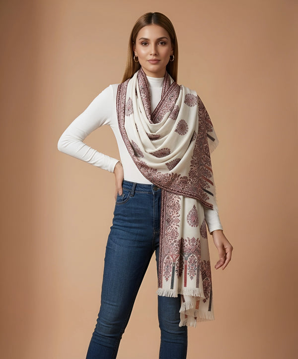 Regal Kani Woven Paisley Border Wool Blend White Stole | Kashmiri Inspired