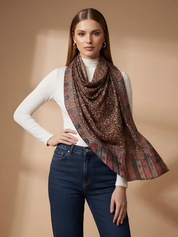 Everday Bamboo Silk Floral Kalamkari Printed Brown Stole