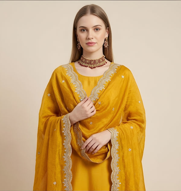 Luxe Fendi Women Mustard Dupatta with 2 Side Scalloped Border, Mirror Detailing & Buti Embellishment