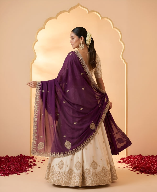 Luxe Vichitra Women Purple Dupatta with 4 Side Scalloped Embroidered Border & Buti Embellishment