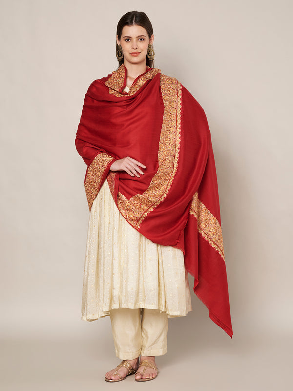 Solid Maroon Woolen Women Shawl with Rich Embroidered Border – 80 x 40 Inches