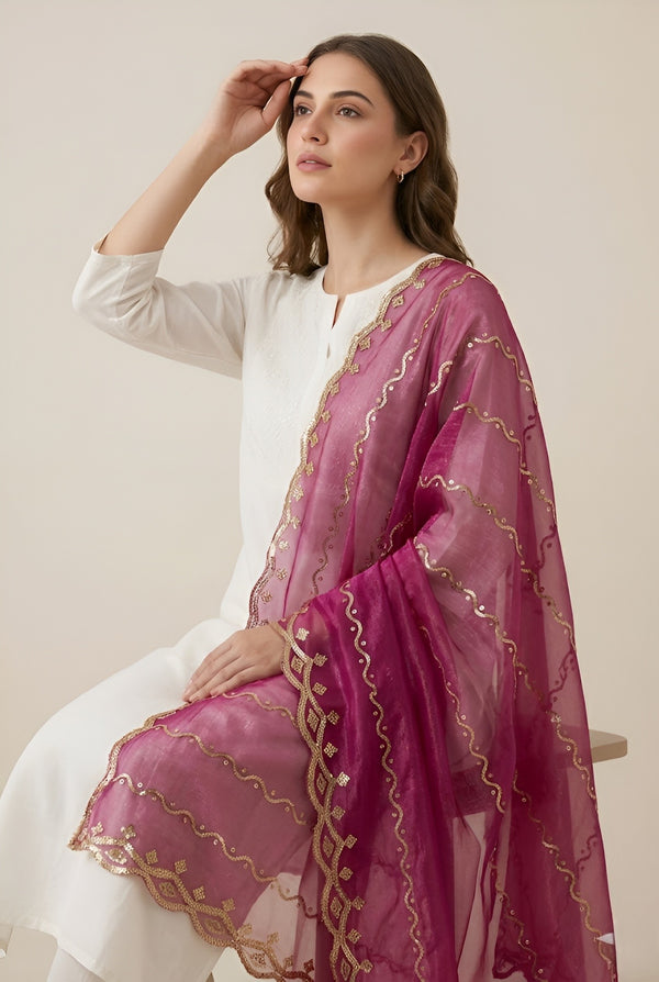 Net Pink Dupatta with Twill Zari Sequin Wave Work