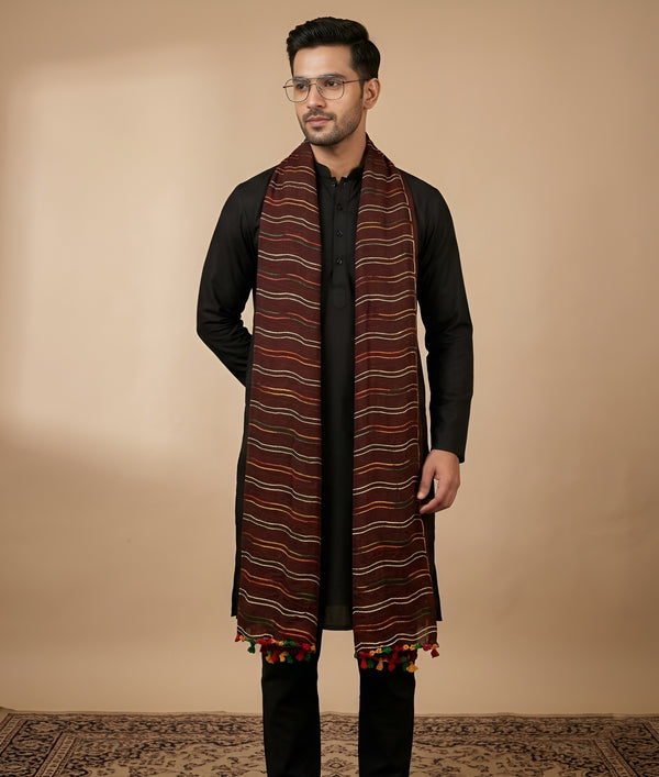Maroon Nazneen Chiffon Mens Dupatta with Multicolor Stripes & Pom Pom